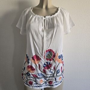 Renee C. White Blouse with Multicolor Embroidery